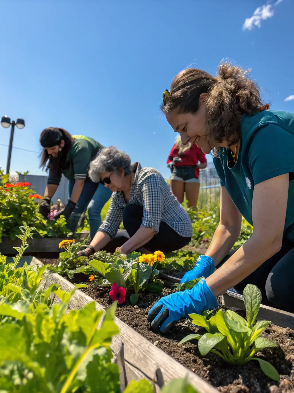 A photo of volunteers planting seedlings in the Eco-Garden, illustrating the community's commitment to creating sustainable green spaces around the Bifurk building.