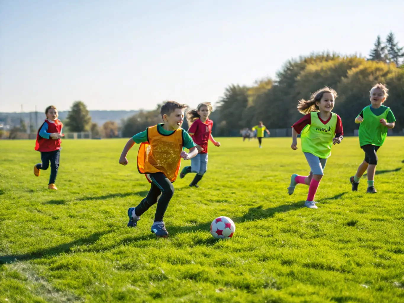 A vibrant image of children playing football in a sunny field, showcasing the youth program at Sporting Club Saint Pierre du Mont. The focus is on teamwork and fun.