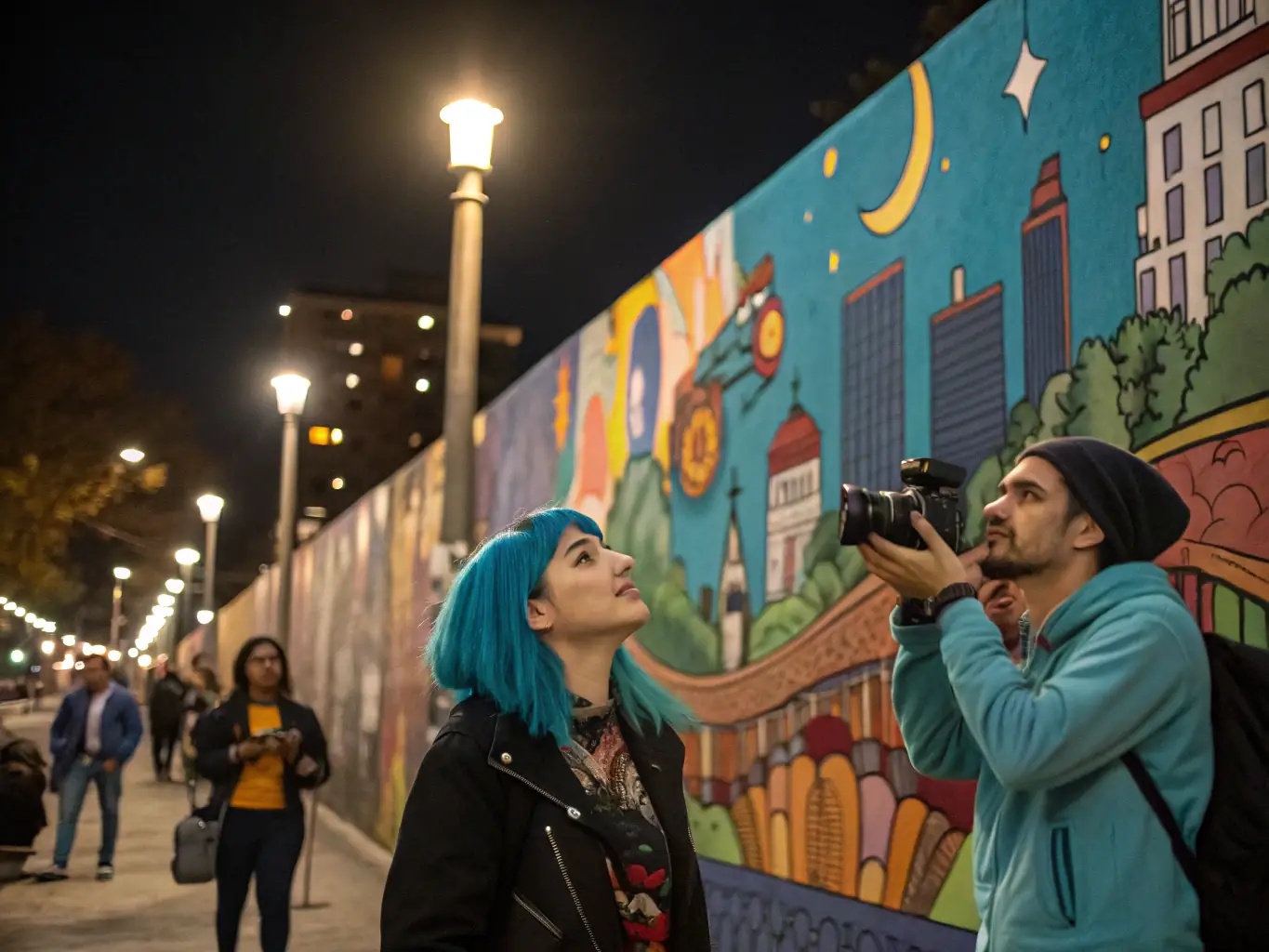 A photograph showcasing the Urban Art Festival, with artists creating murals and community members enjoying the art.