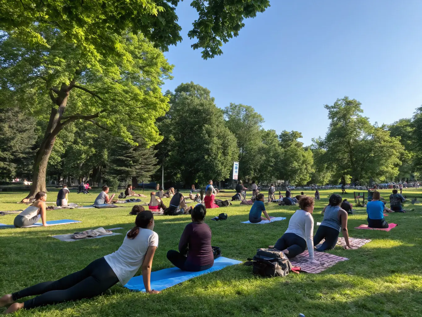 A serene image of people practicing yoga outdoors in a park, representing the wellness programs offered by Sporting Club Saint Pierre du Mont. The scene conveys relaxation and health.