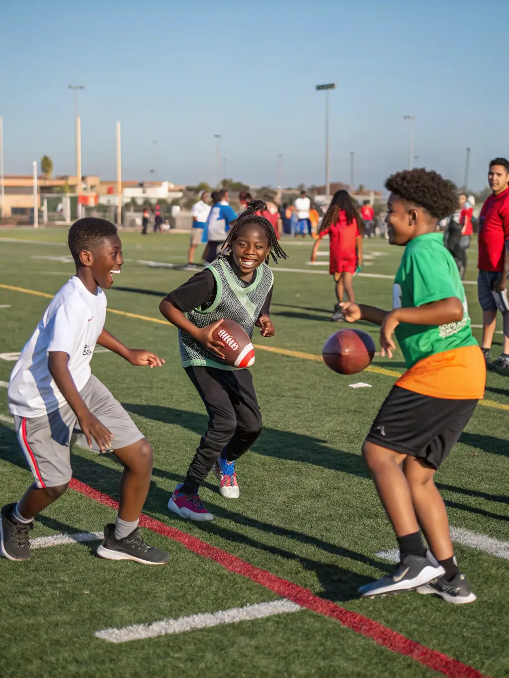 A vibrant image of children playing football during a sunny afternoon at the SPORTING CLUB SAINT PIERRE DU MONT, showcasing the joy and energy of youth sports.