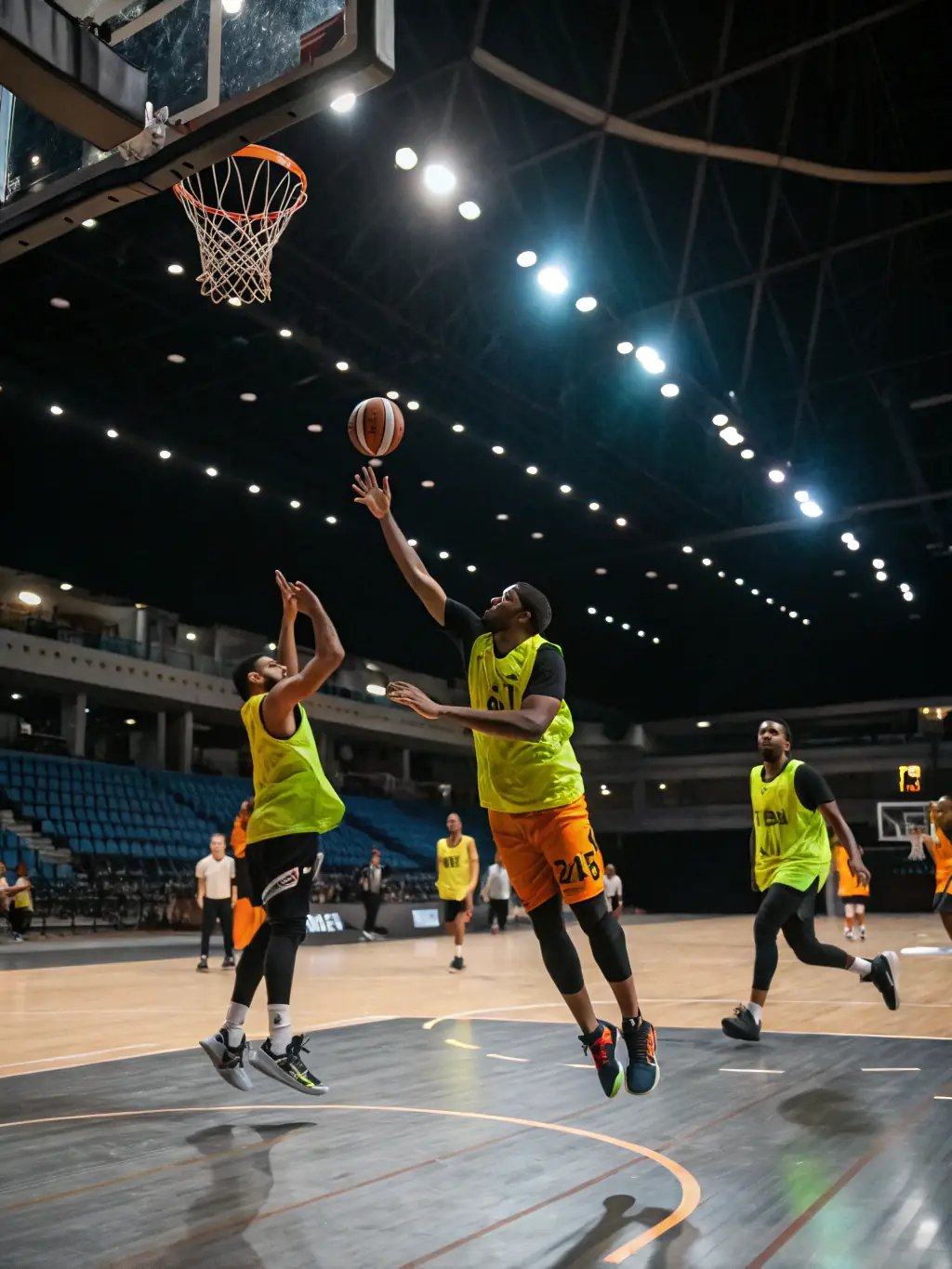 A dynamic image of adults playing basketball in a well-lit indoor court at the SPORTING CLUB SAINT PIERRE DU MONT, emphasizing the competitive spirit and camaraderie.