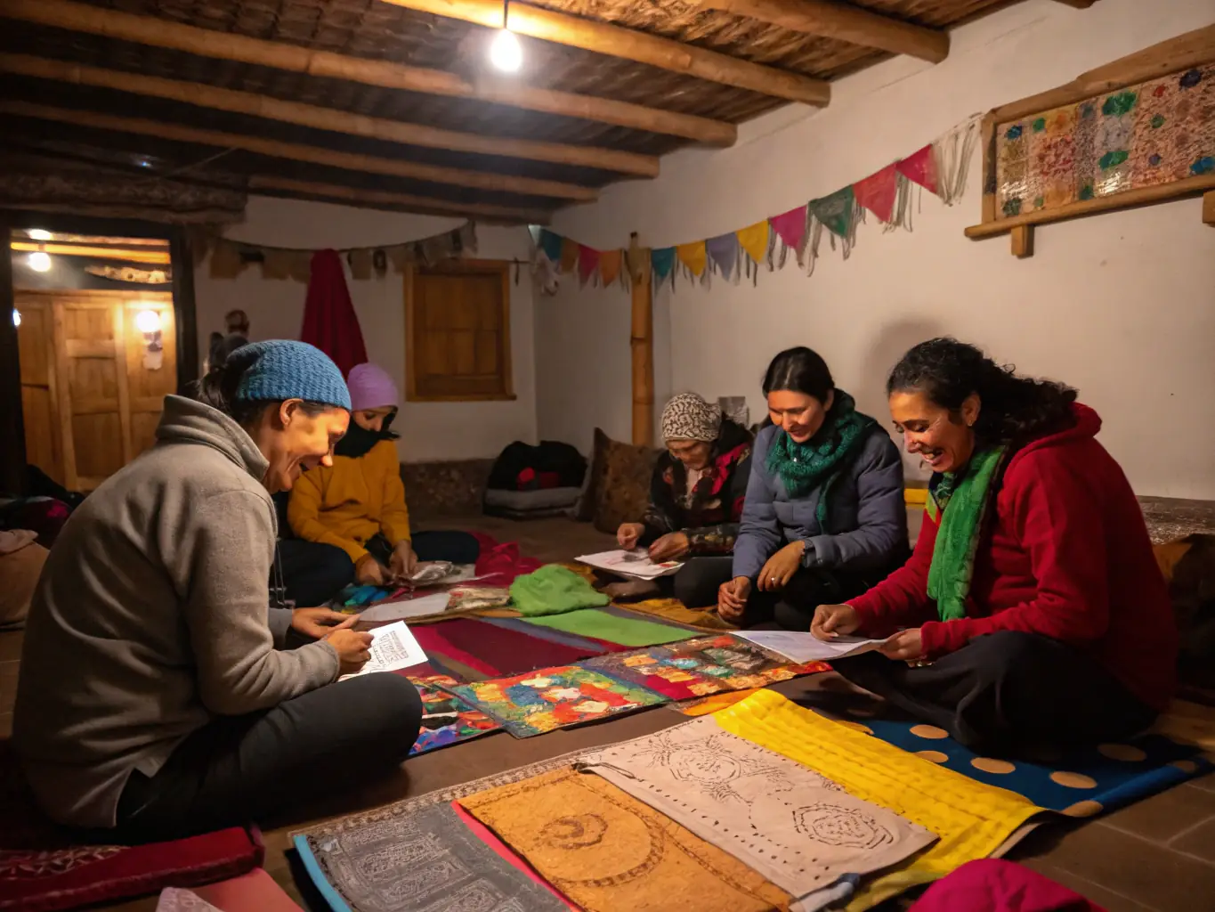 A photograph of participants engaged in a Cultural Workshop, learning a traditional craft.