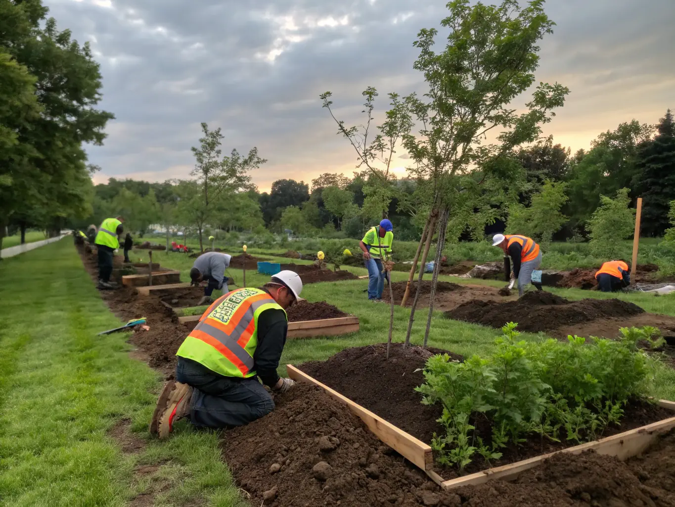 A photo of volunteers working in the Eco-Garden, planting vegetables and flowers.