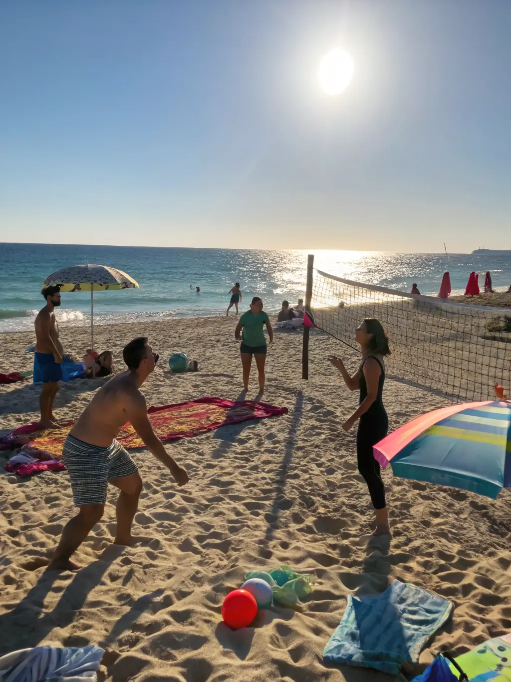 An inspiring image of a diverse group of people participating in a volleyball match on a sandy court at the SPORTING CLUB SAINT PIERRE DU MONT, highlighting inclusivity and community engagement.