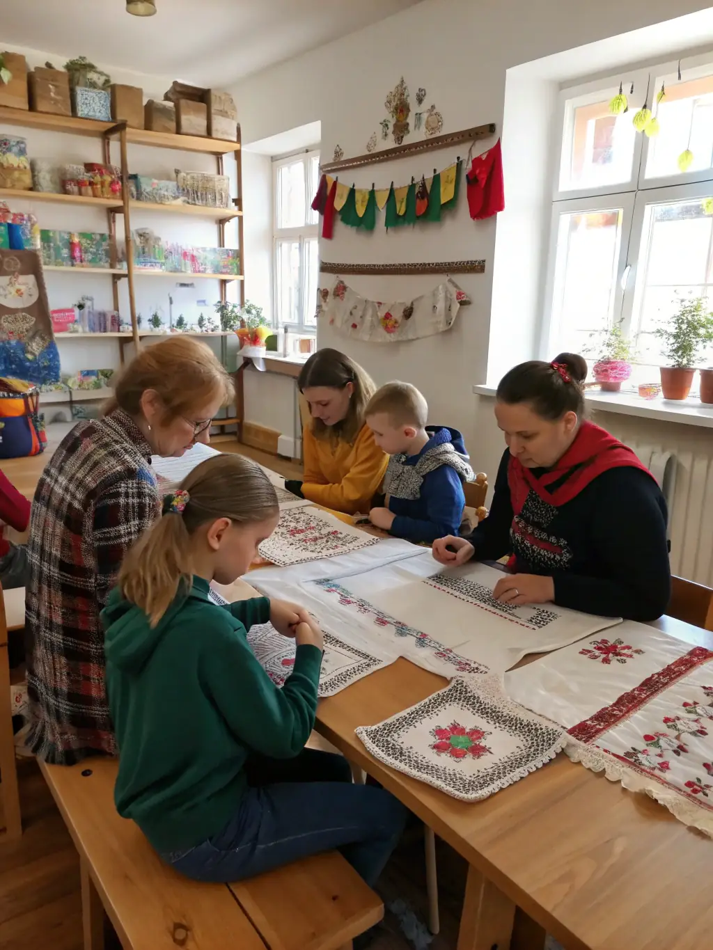 A photograph showing children and adults engaged in a traditional craft workshop, highlighting the intergenerational learning and cultural preservation facilitated by C.U.B.
