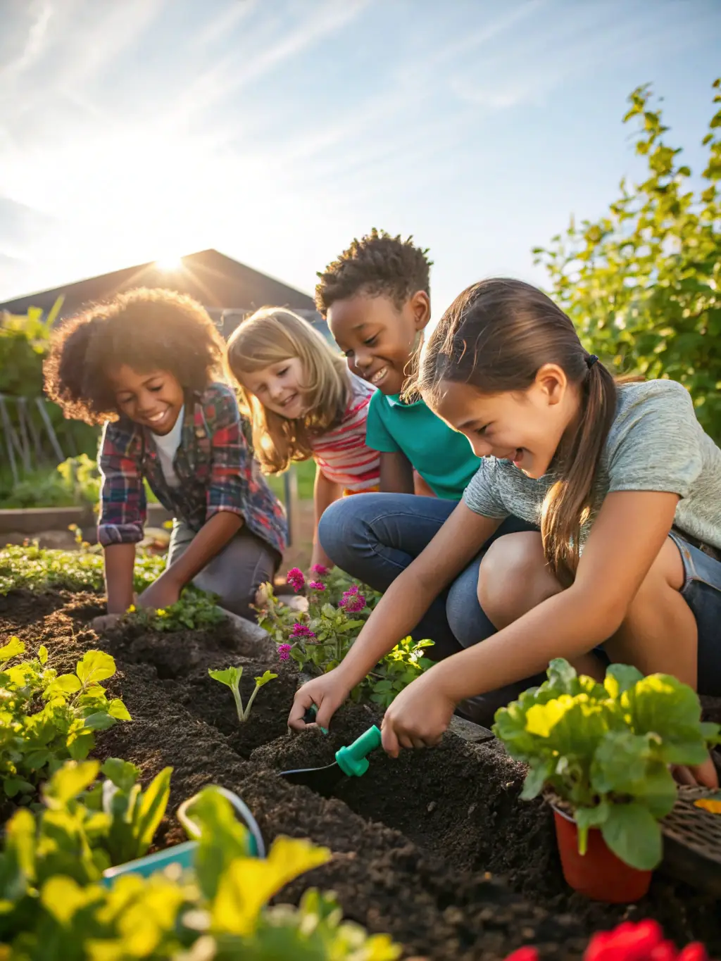 A group of elementary school students working together on a gardening project in their school garden, showcasing hands-on learning and teamwork.